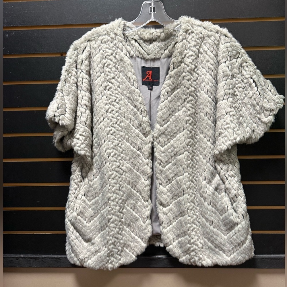 Adrienne Landau Faux Fur Jacket Gray Chevron Quarter Sleeve Size 1X